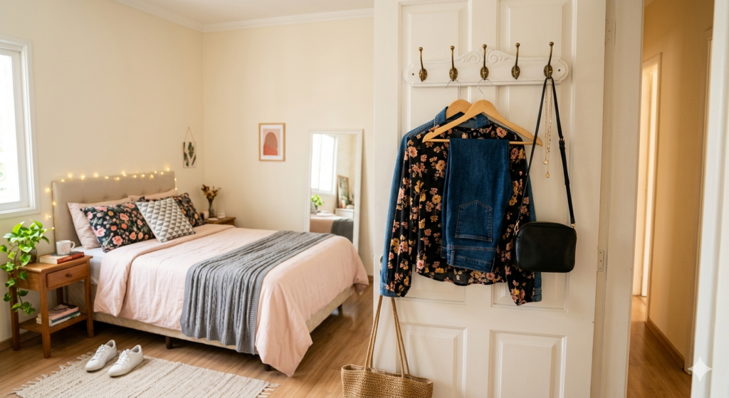 Quarto com espelho retangular, mesa de cabeceira de madeira, suporte com ganchos e cabides na porta