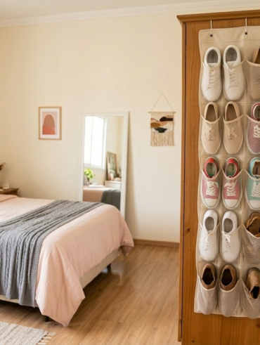 Quarto com sapateira de tecido ao lado do armário