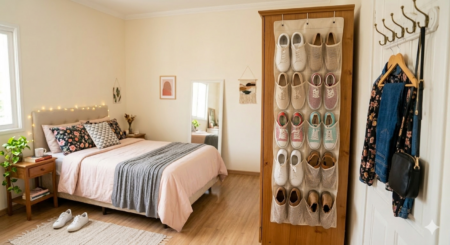 Quarto com sapateira de tecido ao lado do armário