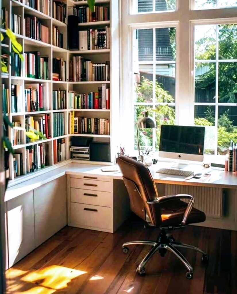 Projeto de home office de frente para a janela com prateleiras ao redor
