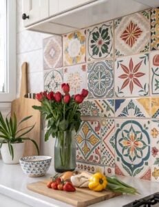 Backsplash da pia com azulejo hidráulico colorido e vaso com tulipas vermelhas