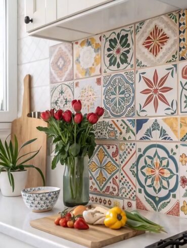 Backsplash da pia com azulejo hidráulico colorido e vaso com tulipas vermelhas
