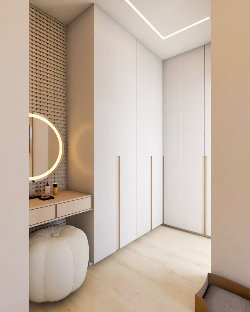 Cantinho da penteadeira no quarto ao lado do guarda-roupa, com painel de treliça, espelho redondo com LED e bancada com gavetas