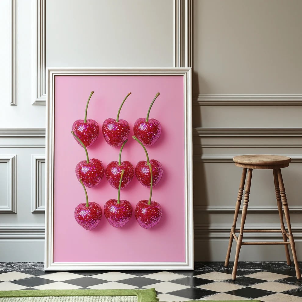 Quadro com fundo rosa e cerejas