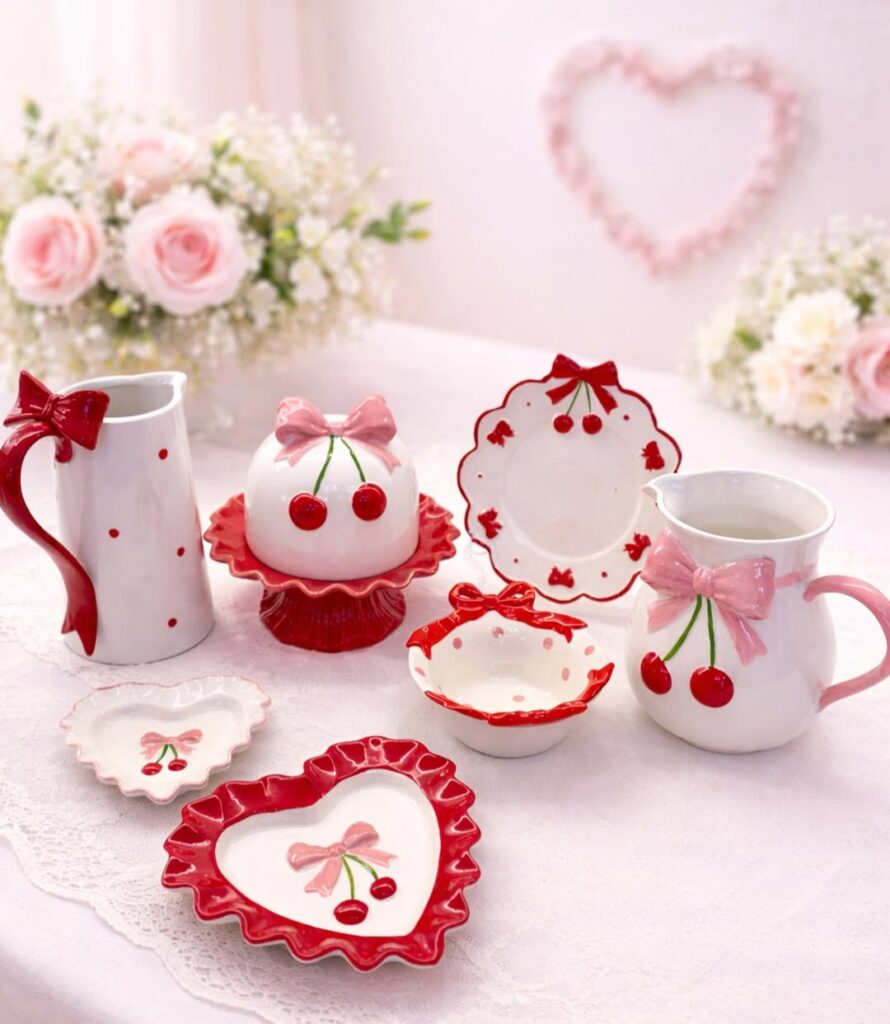 Itens de mesa posta com cerejas em branco e vermelho