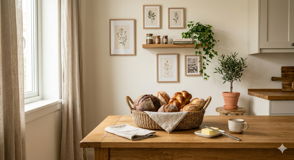 Mesa de madeira com cesto de pães