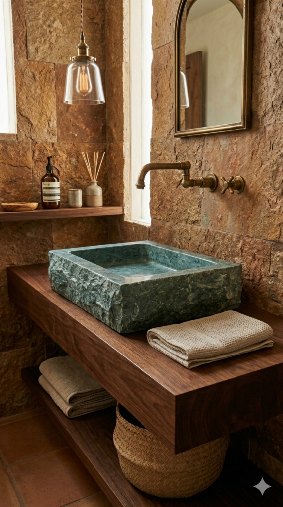 Lavabo com bancada de madeira, cuba verde esculpida na pedra e espelho com borda dourada