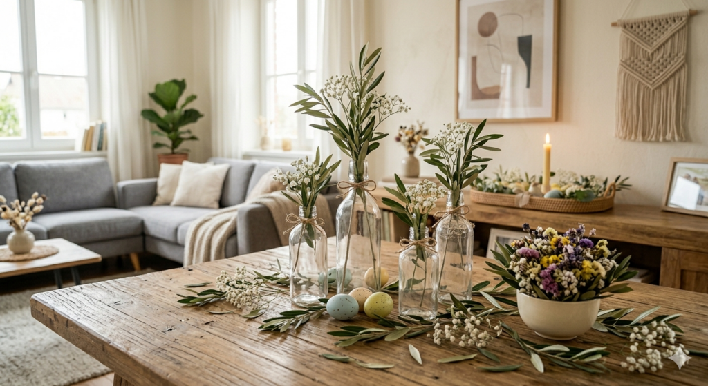 Mesa de madeira com garrafas de vidro transparente com ramos verdes e florzinhas brancas, tigela com florzinhas coloridas