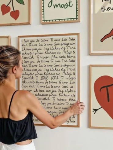 Mulher colocando um quadro com frases na parede