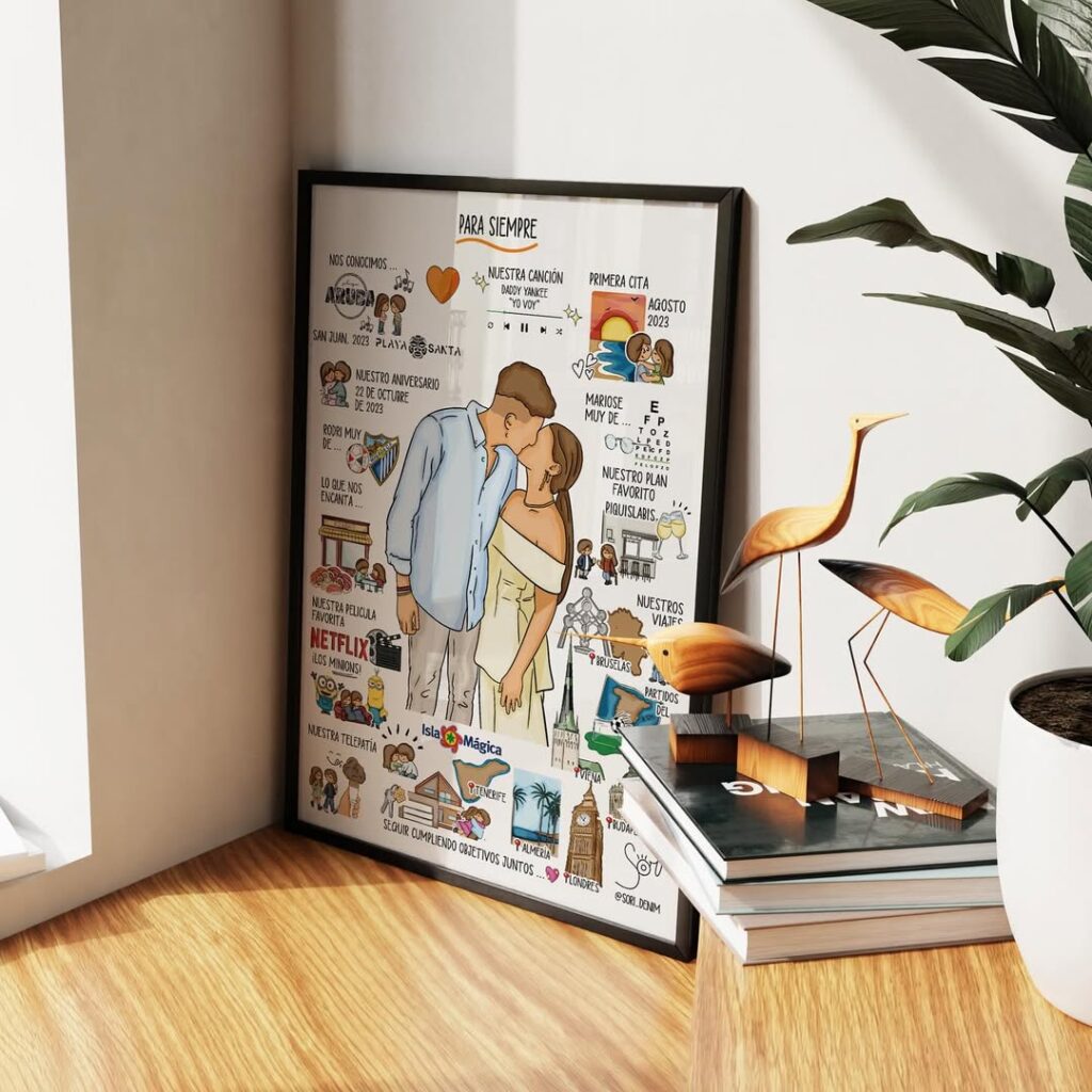 Quadro com desenhos e um casal
