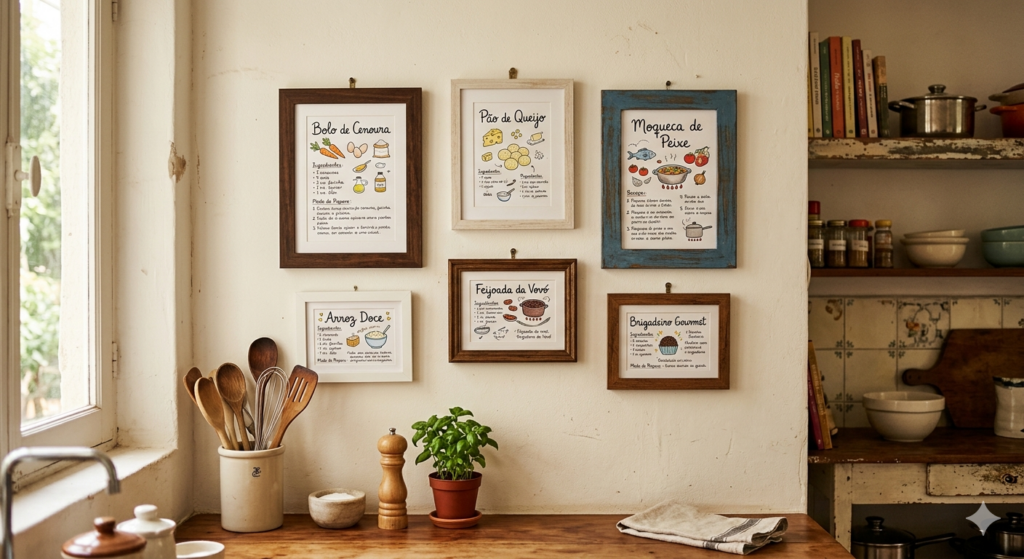 Parede de cozinha com quadrinhos e receitas