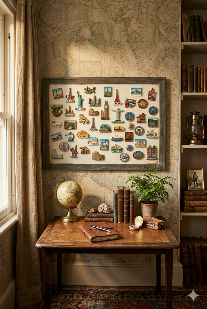 Escrivaninha com livros e acima quadro com imãs de lugares
