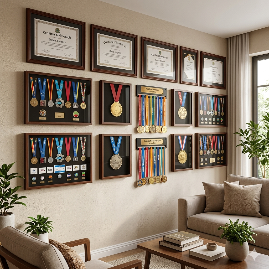 Sala de estar com diplomas e medalhas em quadros