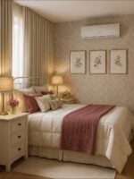 Quarto delicada com estampa floral no papel de parede, trio de quadros com flores, cama com cabeceira de ferro e mesa de cabeceira com três gavetas