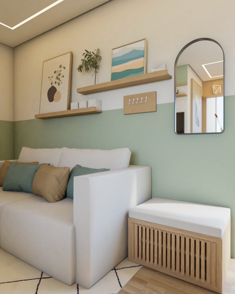 Sala de estar com meia parede verde e branca, prateleiras de madeira, quadros e espelho