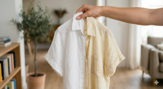 Um peça de roupa metade branca e metade amarelada