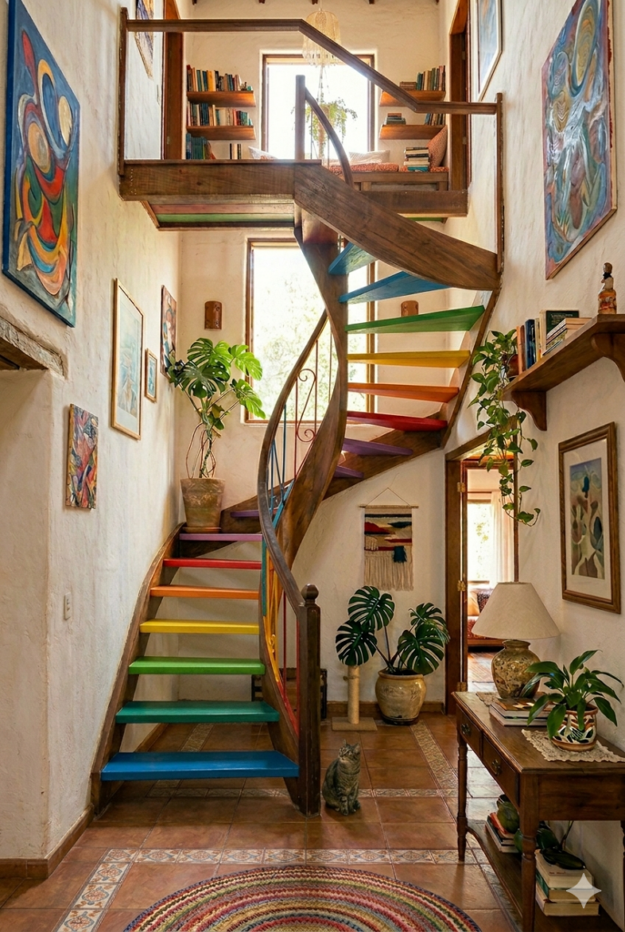 Escada de madeira com degraus coloridos