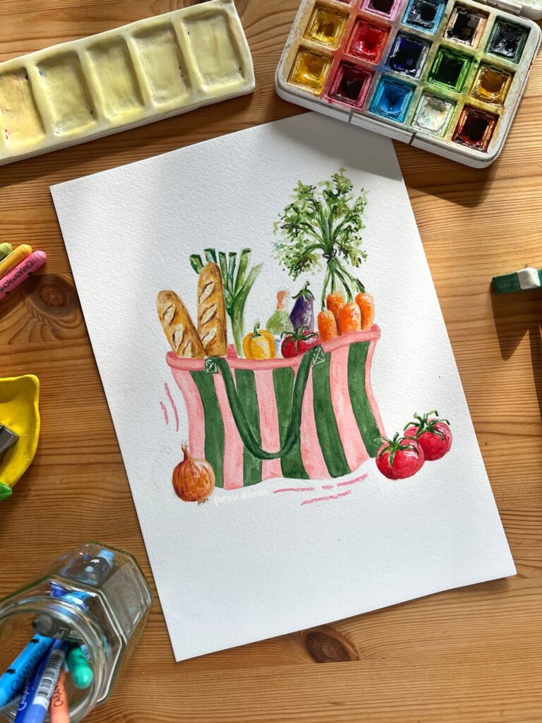 Aquarela com sacola, pães e vegetais
