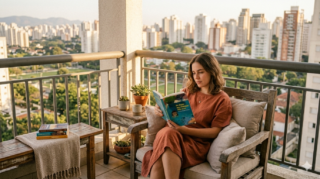 Imagem gerada por IA com uma mulher branca, sentada e lendo