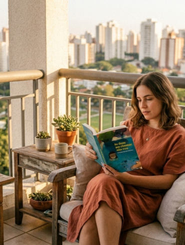 Imagem gerada por IA com uma mulher branca, sentada e lendo