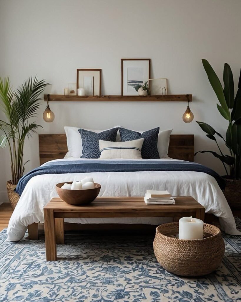 Quarto com cabeceira de madeira e prateleira flutuante acima com quadros, velas e arandelas penduradas