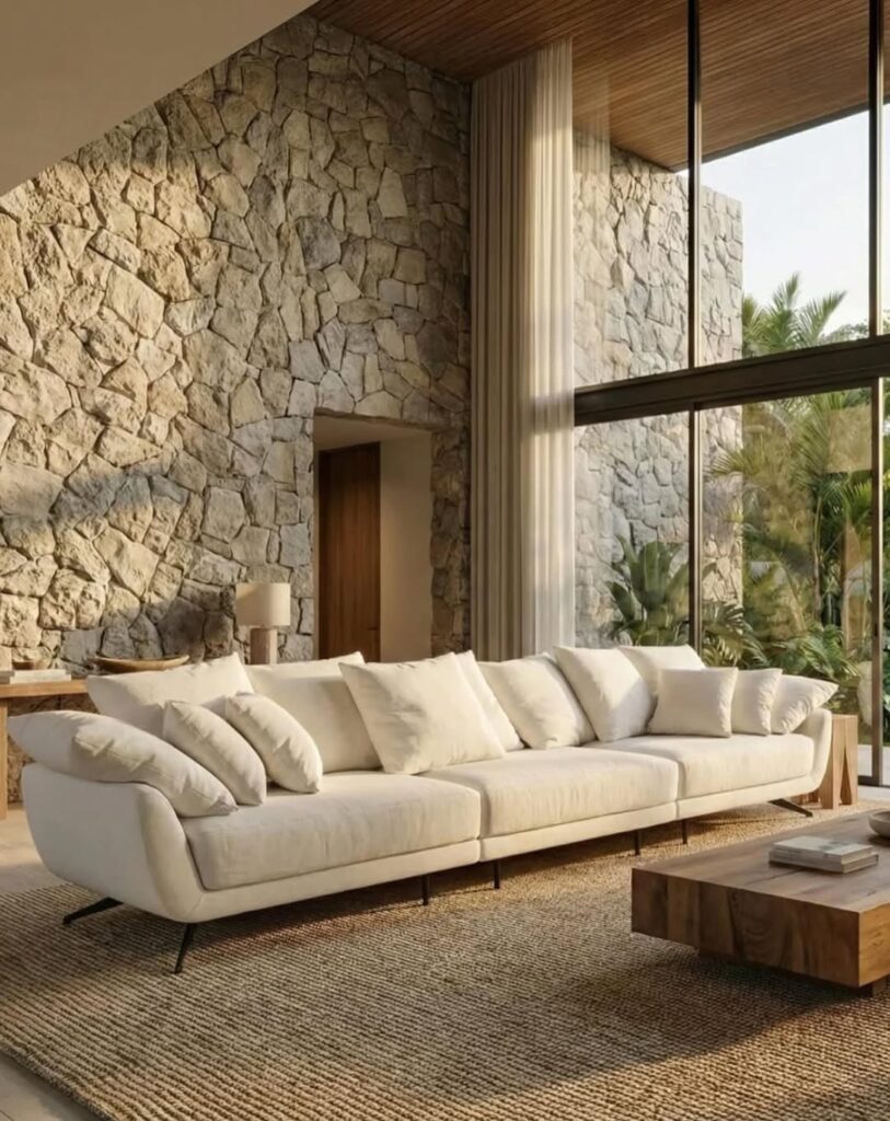 Sala com sofá grande branco e pés de metal preto, parede de pedra atrás