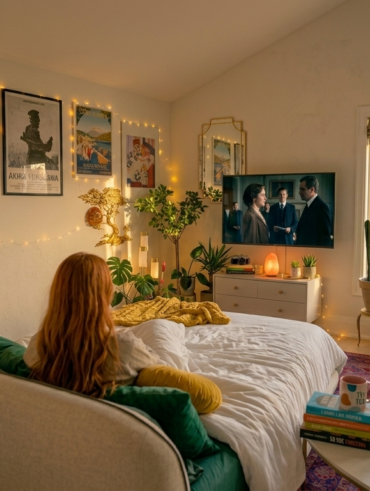 Mulher de pele clara, com cabelo ruivo, sentada na cama assistindo séries