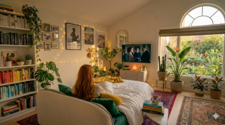 Mulher de pele clara, com cabelo ruivo, sentada na cama assistindo séries