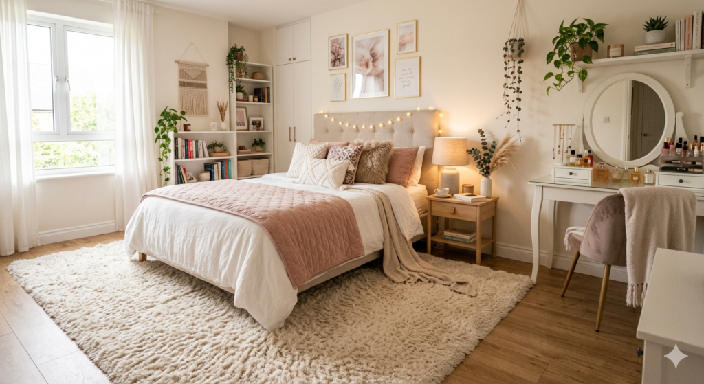 Quarto feminino com grande tapete felpudo