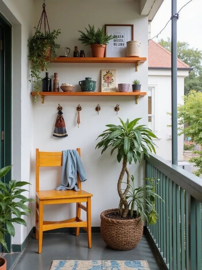 Varanda com cadeira amarela, vaso com planta, prateleiras de madeira com itens decorativos