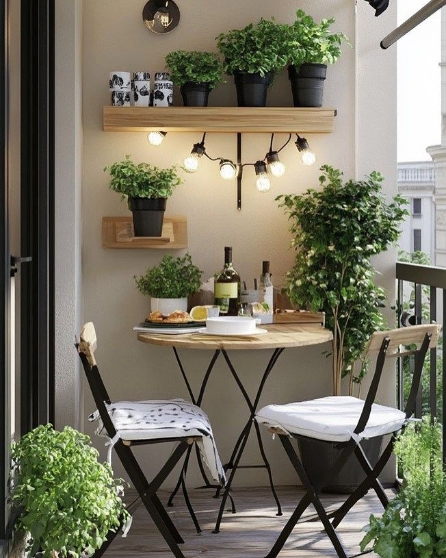Varanda com mesa e prateleiras de madeira, cadeiras de meltal preto, e vasos com plantas