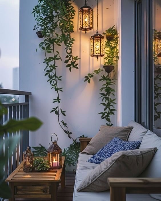 Varanda com sofpa, mesa de madeira, plantas e lanternas penduradas