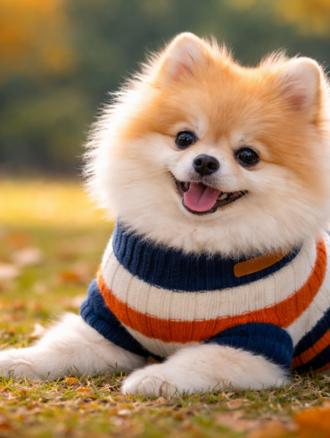Lulu da Pomerânia deitado na grama com folhas secas de outono. Ele usa roupinha listrada