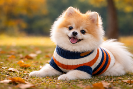 Lulu da Pomerânia deitado na grama com folhas secas de outono. Ele usa roupinha listrada