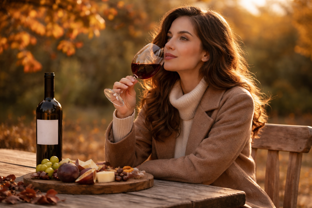 Mulher jovem com pele clara e cabelos castanhos saboreando um vinho ao sol poente