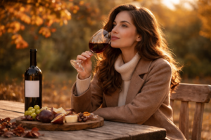 Mulher jovem com pele clara e cabelos castanhos saboreando um vinho ao sol poente