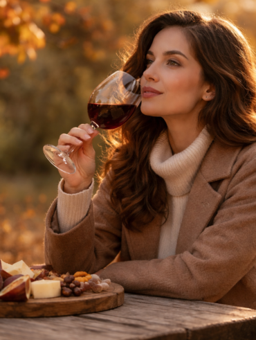 Mulher jovem com pele clara e cabelos castanhos saboreando um vinho ao sol poente