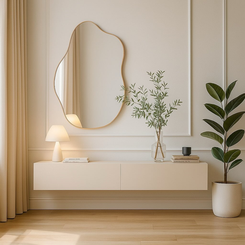 Aparador minimalista bege de linhas retas com livros, abajur e vaso com planta