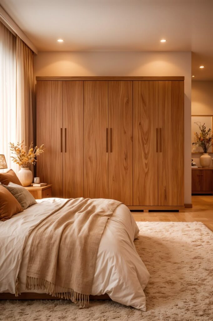 Quarto com guarda-roupa de madeira, tapete felpudo grande e cores outonais