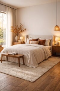 Quarto com parede e cabeceira claras, mesas de cabeceira de madeira com pendente e banco na frente da cama