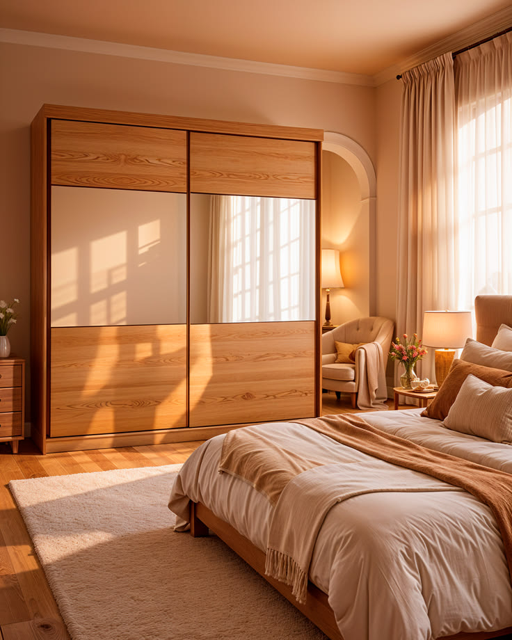 Quarto com guarda-roupa de madeira e espelhos, mesa de cabeceira com abajur e poltrona com luminária