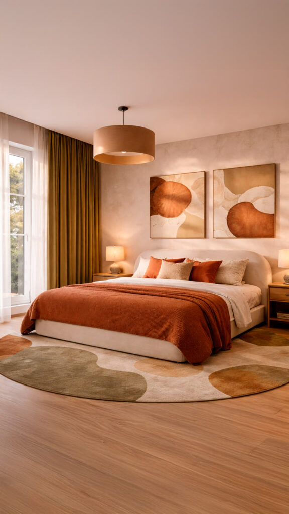Quarto de casal com cabeceira arredondada, tapete redondo e cores terrosas na manta, almofadas e quadros
