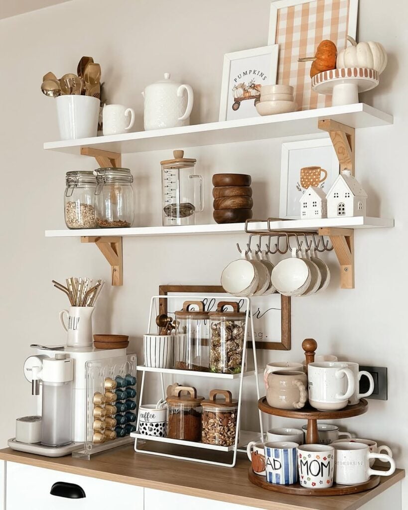 Balcão com máquina de café, porta-cápsulas, suporte com canecas e prateleiras acima com outros itens