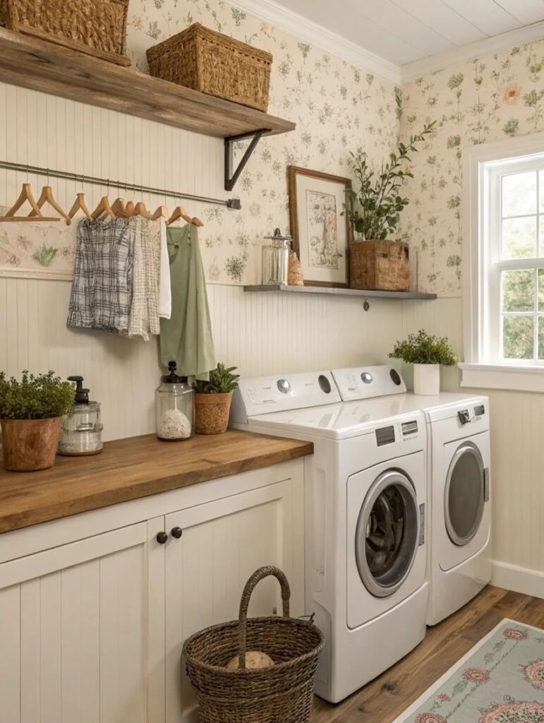 Lavanderia no estilo farmhouse com papel de parede floral, lambri branco, bancada e prateleira de madeira