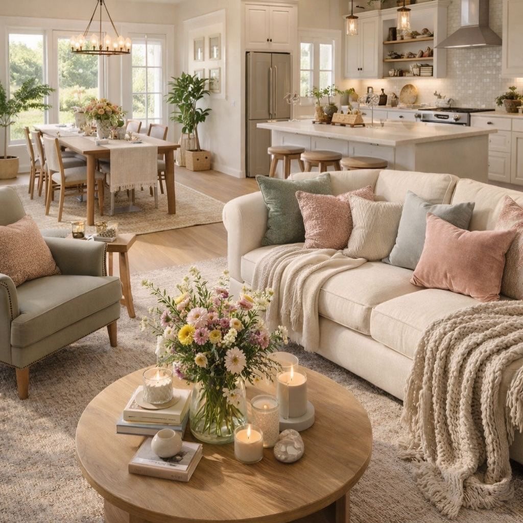 Sala com sofá claro, almofadas rosas e azuis, mantas, mesa de centro redonda com velas e ao fundo a sala de jantar e uma cozinha com ilha