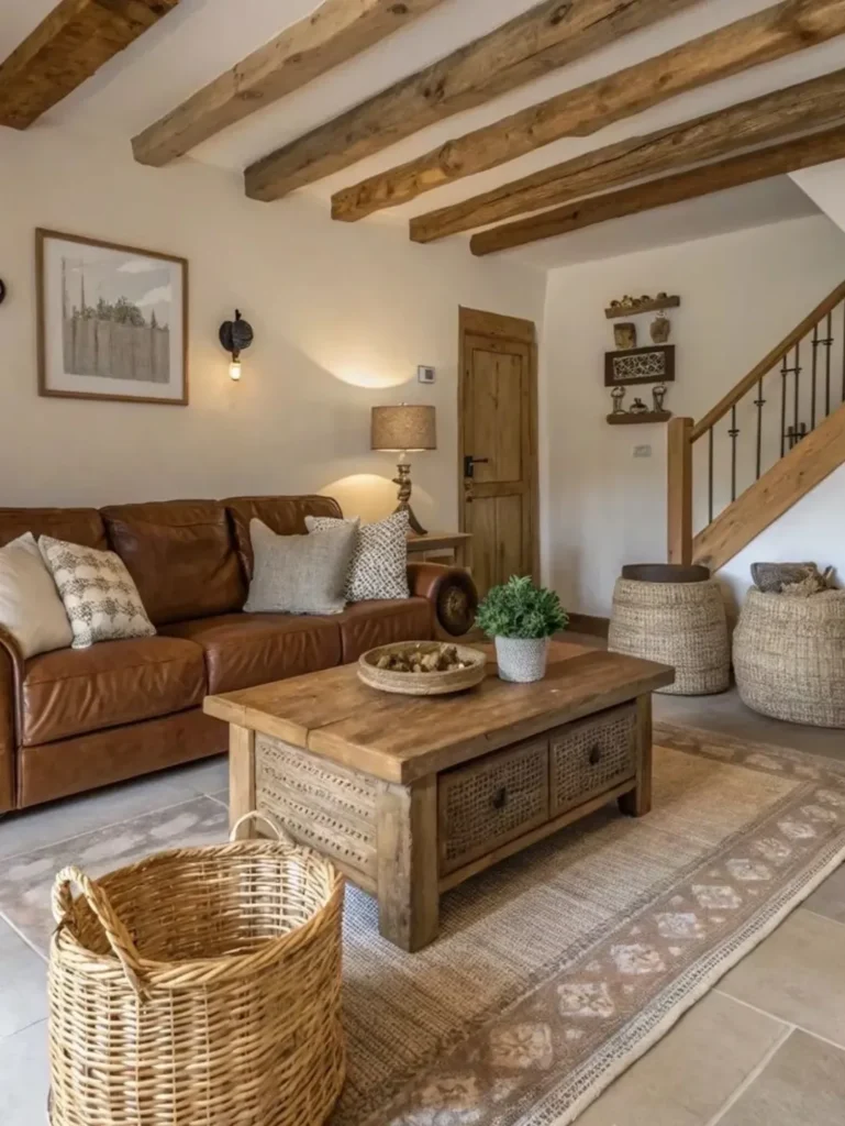 Casa no estilo farmhouse com sofá de couro marrom, mesa de centro de madeira com gavetas, madeira no teto e cesto de vime