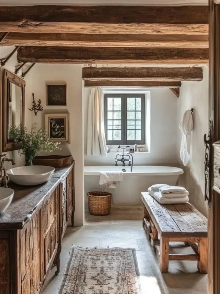Banheiro no estilo farmhouse com madeira aparente no armário, teto e banco