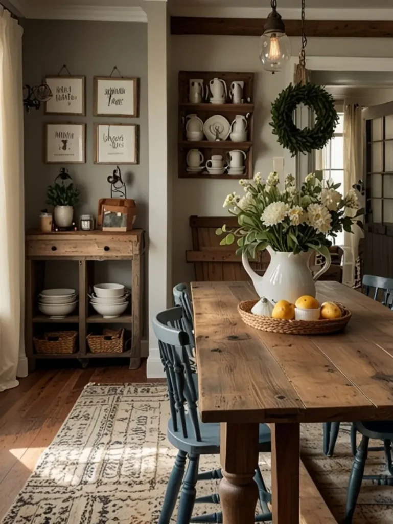 Sala de jantar farmhouse, com mesa de madeira e cadeiras azuis, armário aberto de madeira com louças expostas e quadrinhos na parede