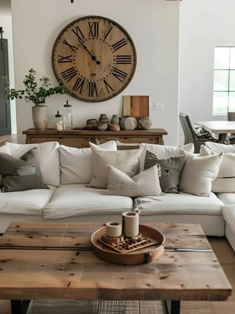 Sala com sofá branco e almofadas, mesa de centro de madeira e aparador de madeira com grande relógio acima
