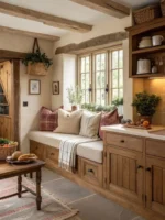 Casa no estilo farmhouse com banco e almofadas em frente à janela, ao lado da pia, armários de madeira e louças expostas